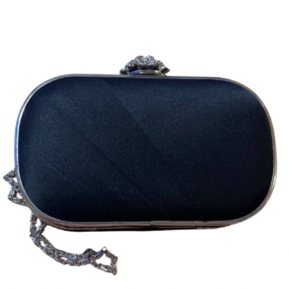 Lulu Townsend Satin Black Silver-tone Clutch, Floral embellishment, Strap